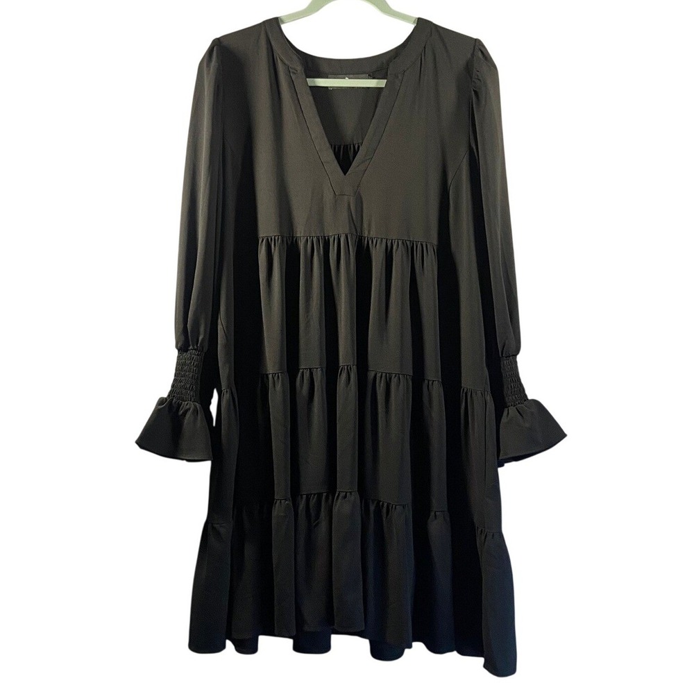 Pomander Place Black Tiered V Neck Long Sleeve Casual Dress XL Cottagecore‎